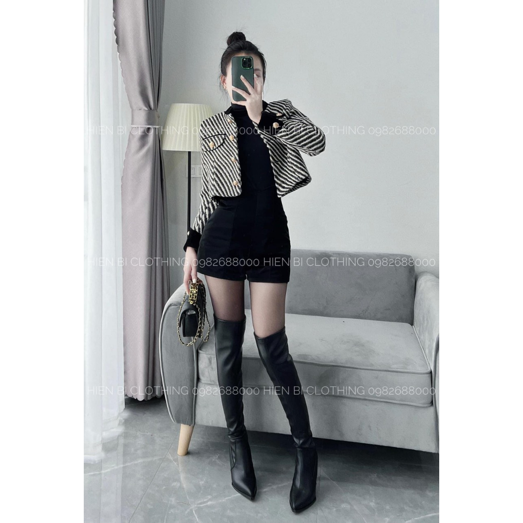 Áo Khoác Dạ Tweed Kẻ Sọc Tay Nhung Cúc Đồng-Hàng Loại 1 Dày Dặn, áo khoác croptop thu đông