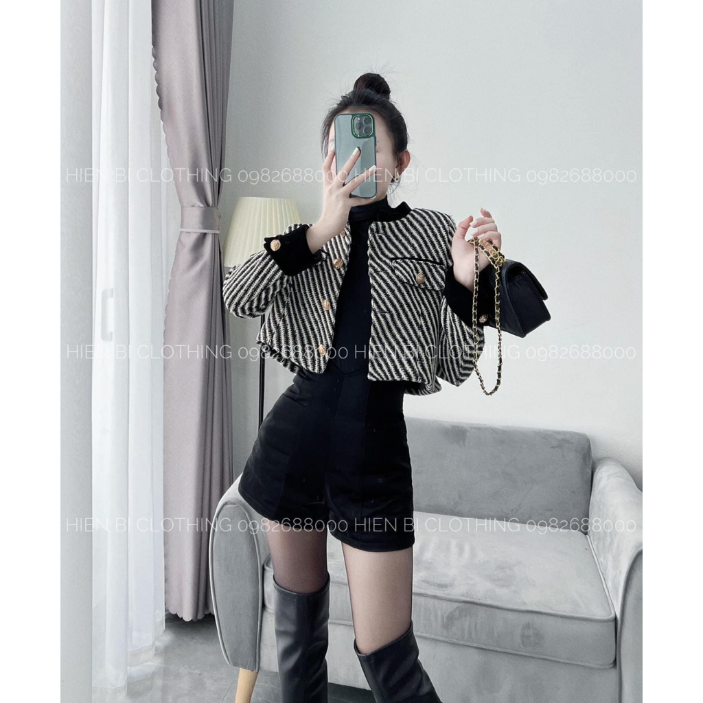 Áo Khoác Dạ Tweed Kẻ Sọc Tay Nhung Cúc Đồng-Hàng Loại 1 Dày Dặn, áo khoác croptop thu đông