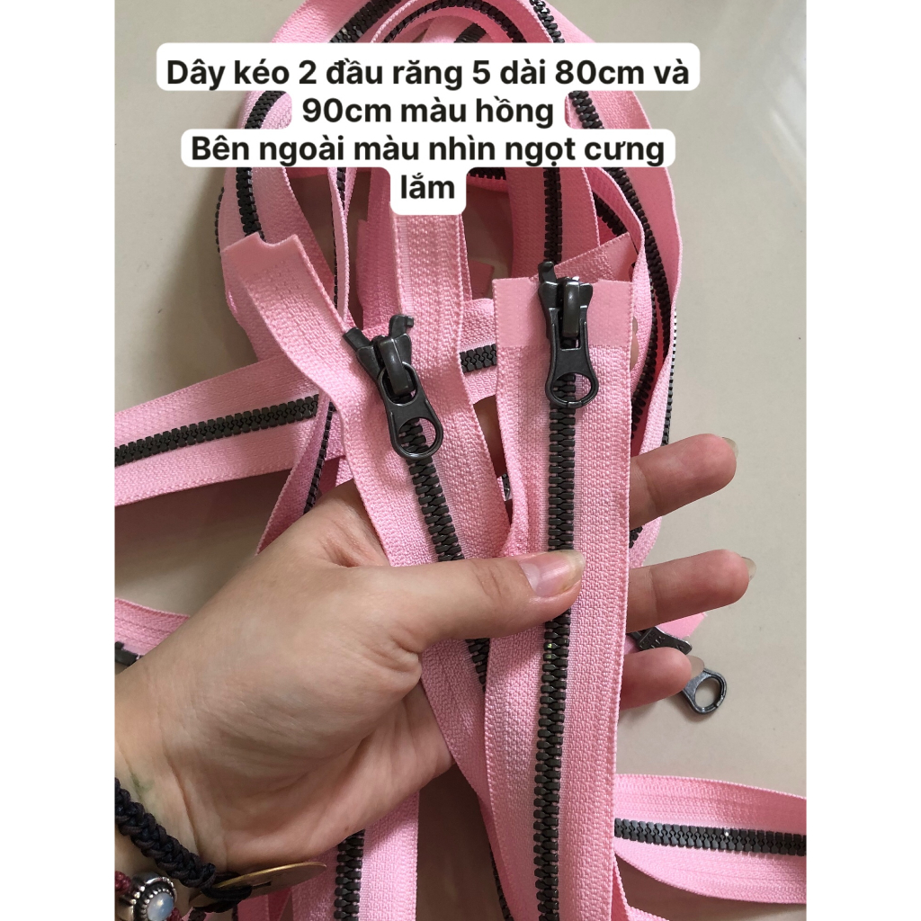 Dây kéo 2 đầu răng 5 Y.KK hàng xuấ.t dư dài 80 và 90cm màu hồng cực ngọt