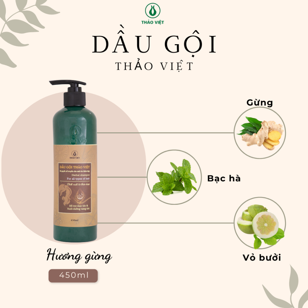 Dầu Gội Thảo Dược Thảo Việt Hương Gừng Bạc Hà Ngăn Rụng Tóc, Kích Thích Tóc Mọc, Giúp Tóc Chắc Khoẻ Mềm Mượt Chai 450ml