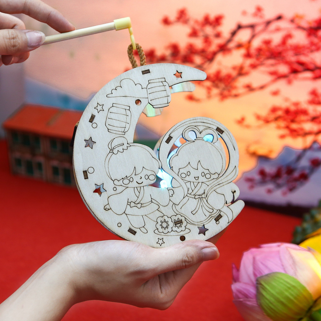 Đèn Lồng Gỗ Trung Thu Bách Mộc Quà Tặng Cho Con - Đèn Mộc Kèm Màu Tô