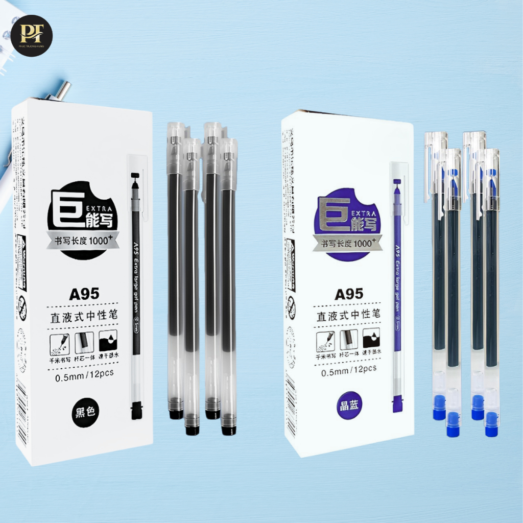 Bút Mực Gel A95 Viết Khô Nhanh Màu Đen Xanh Ngòi 0,5mm Viết Chữ Đẹp