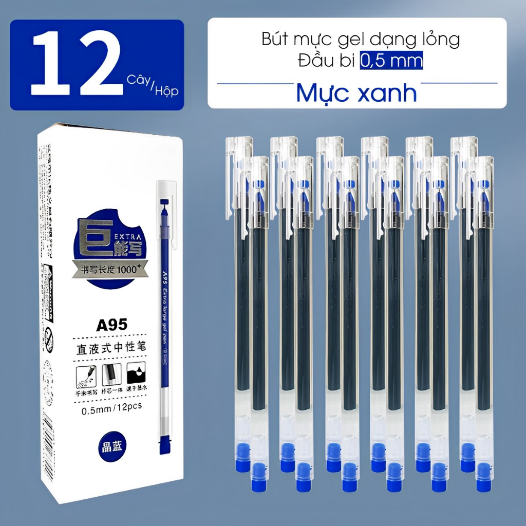 Bút Mực Gel A95 Viết Khô Nhanh Màu Đen Xanh Ngòi 0,5mm Viết Chữ Đẹp