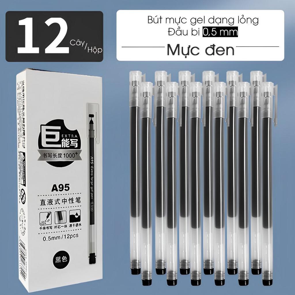 Bút Mực Gel A95 Viết Khô Nhanh Màu Đen Xanh Ngòi 0,5mm Viết Chữ Đẹp