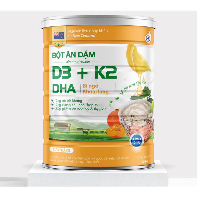 Bột Ăn Dặm Bí Ngô - Khoai Lang, D3+K2 Dành Cho Trẻ Từ 4 Tháng Tuổi, Lon 320g