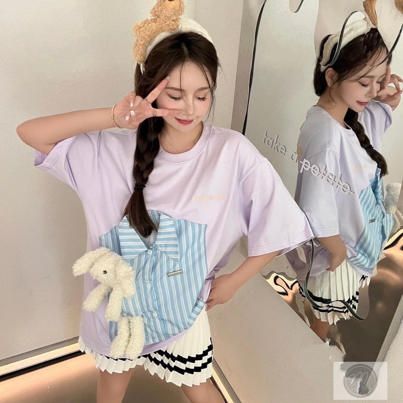 Áo phông 13de marzo phối sơ mi đính gấu thỏ bông