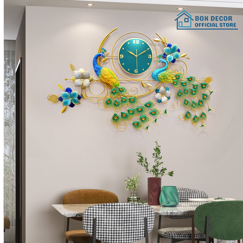Đồng Hồ Treo Tường Trang Trí Nhà Cửa Con Chim Công Khổng Tước Nghệ Thuật Kim Trôi Cao Cấp Box Decor BD2928