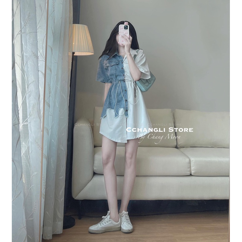 VÁY SƠ MI PHỐI BÒ RÁCH RÚT EO