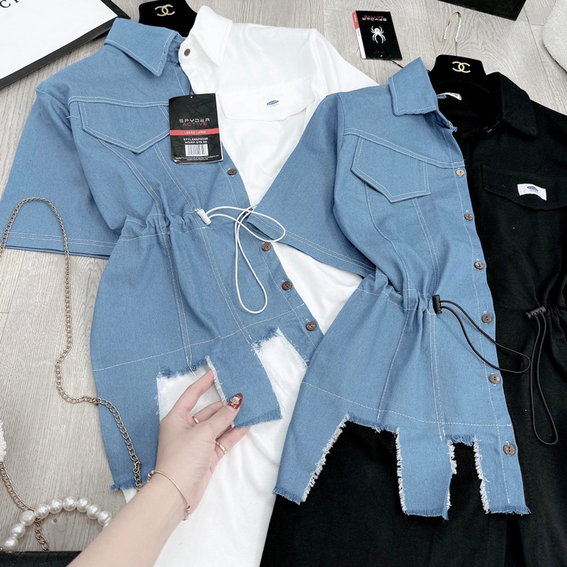 VÁY SƠ MI PHỐI BÒ RÁCH RÚT EO