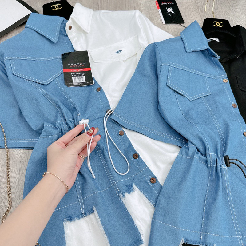 VÁY SƠ MI PHỐI BÒ RÁCH RÚT EO