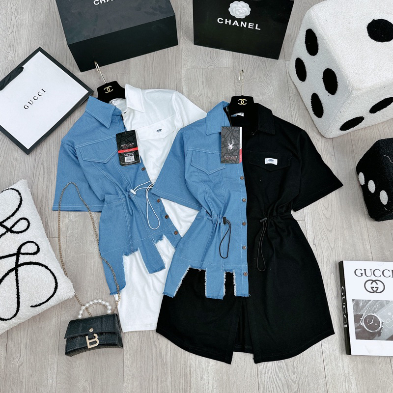 VÁY SƠ MI PHỐI BÒ RÁCH RÚT EO