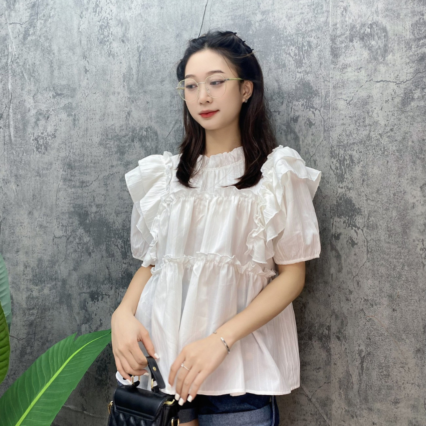 Áo bèo babydoll tay cộc,vạt cánh tiên Liluta chất đũi gân - A05