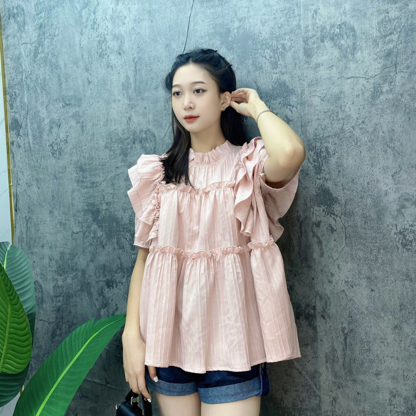 Áo bèo babydoll tay cộc,vạt cánh tiên Liluta chất đũi gân - A05