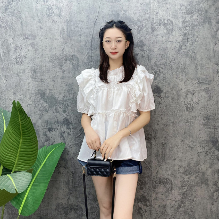 Áo bèo babydoll tay cộc,vạt cánh tiên Liluta chất đũi gân - A05