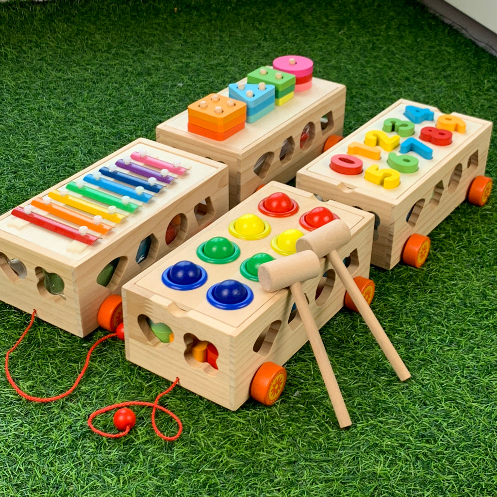 Bộ Đồ Chơi Xe Kéo Thả Hình Bằng Gỗ Giúp Bé Phân Biệt Màu Sắc Hình Khối