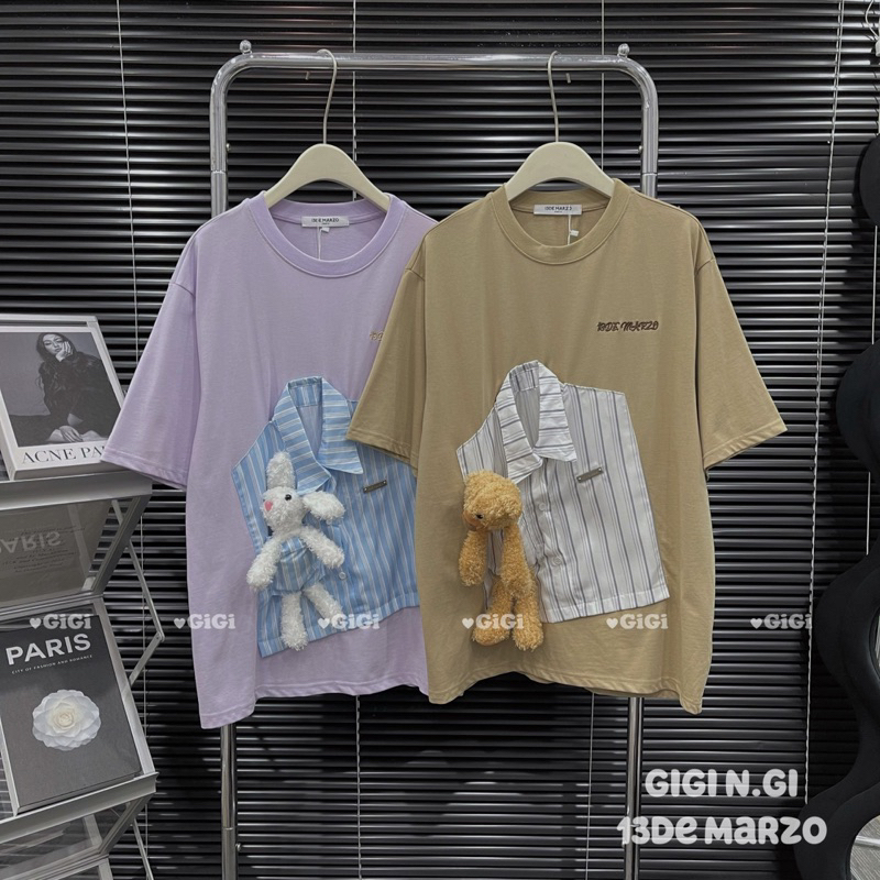 Áo phông 13de marzo phối sơ mi đính gấu thỏ bông