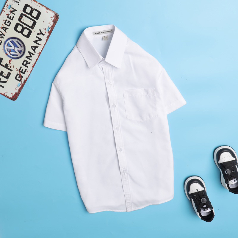 Áo sơ mi trắng bé trai Janeshop, áo sơ mi cho bé trai size đại chất thô mềm cao cấp size 22-60kg