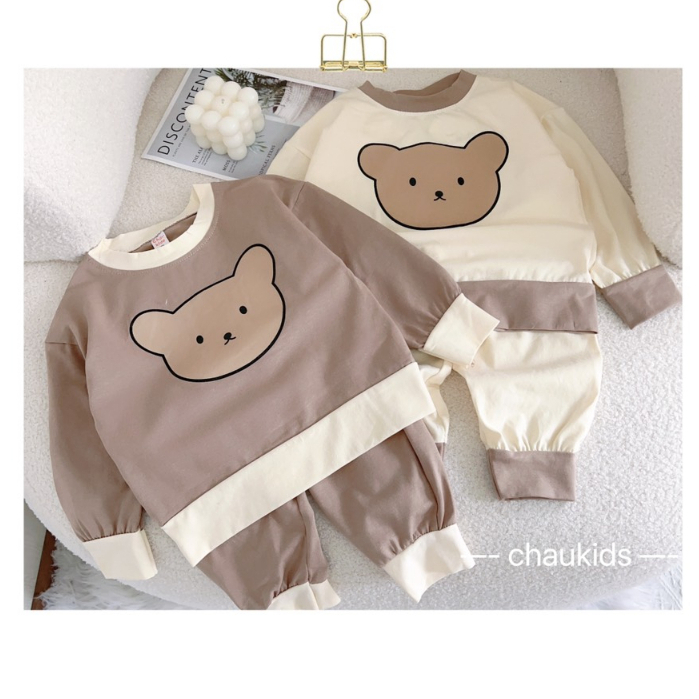 Bộ dài tay thun lạnh chất cotton in hình gấu cho bé 10-20kg Namkidshop