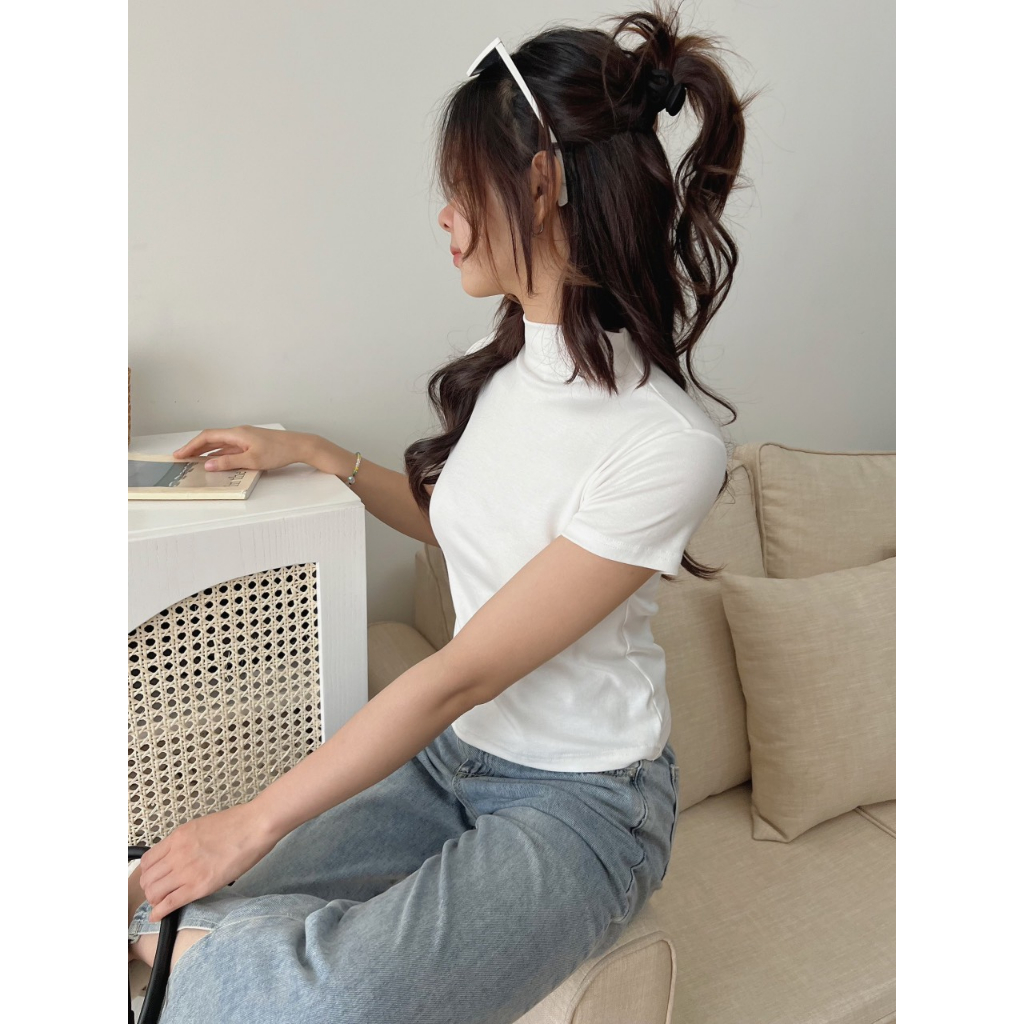 A74 Áo Thun Cộc Tay Cổ Trụ, Áo Phông Trơn Phong Cách Hàn Quốc 21Room