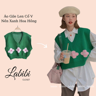 Áo Gile Cổ V Nền Xanh Hoa Hồng Chất Len Dày Đẹp, Labibi