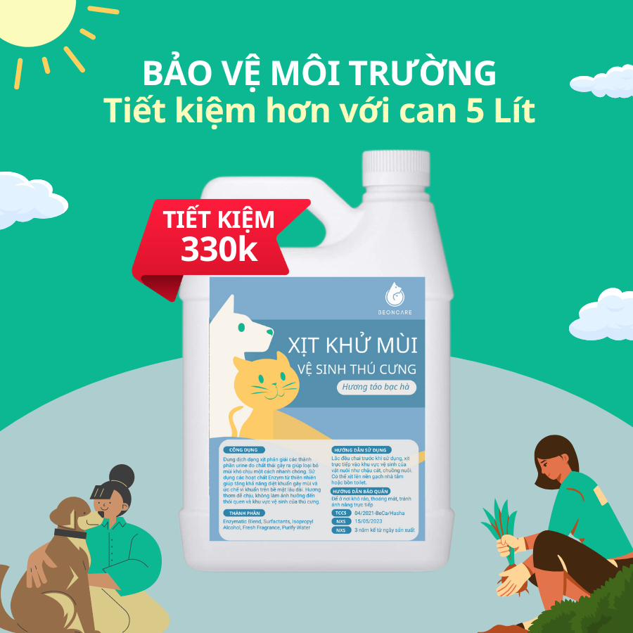 Can 5 Lít Xịt khử mùi nước tiểu thú cưng, khử mùi chuồng trại, khu vệ sinh cho chó mèo Beoncare