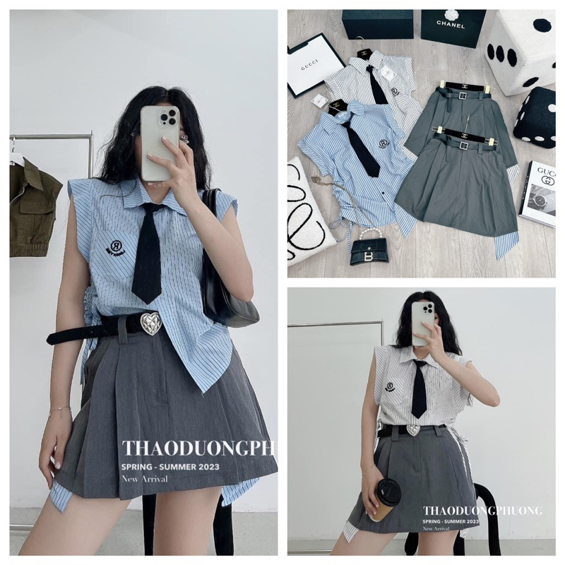 Set 4 chi tiết sơ mi kẻ mix chân váy siêu hot Áo sơ mi kẻ sọc thô đũi QC mềm đẹp,kèm cavat, cúc cài dễ