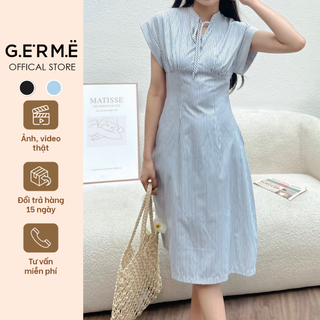 Đầm Váy Nữ Dáng Xòe Nhẹ Nhàng, Váy Nữ Cổ Tàu Chữ V Thắt Nơ Tay Ngắn Kẻ Sọc Dọc VVND072302 By Germe