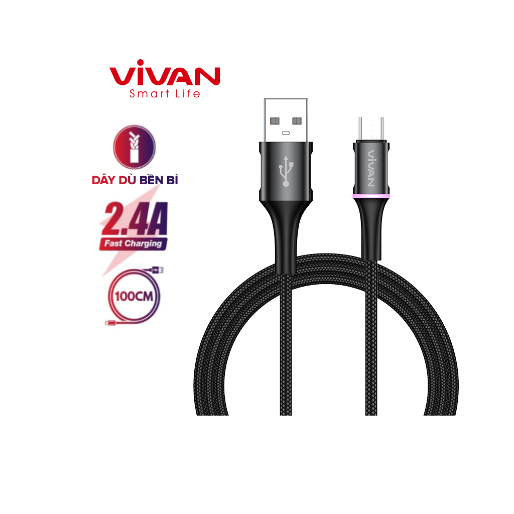 Dây sạc MicroUSB/ TypeC/ Light VIVAN VDM/VDC/VDL 2.4A Thân cáp bọc dù, Dài 100cm/ 120cm - Hàng Chính Hãng