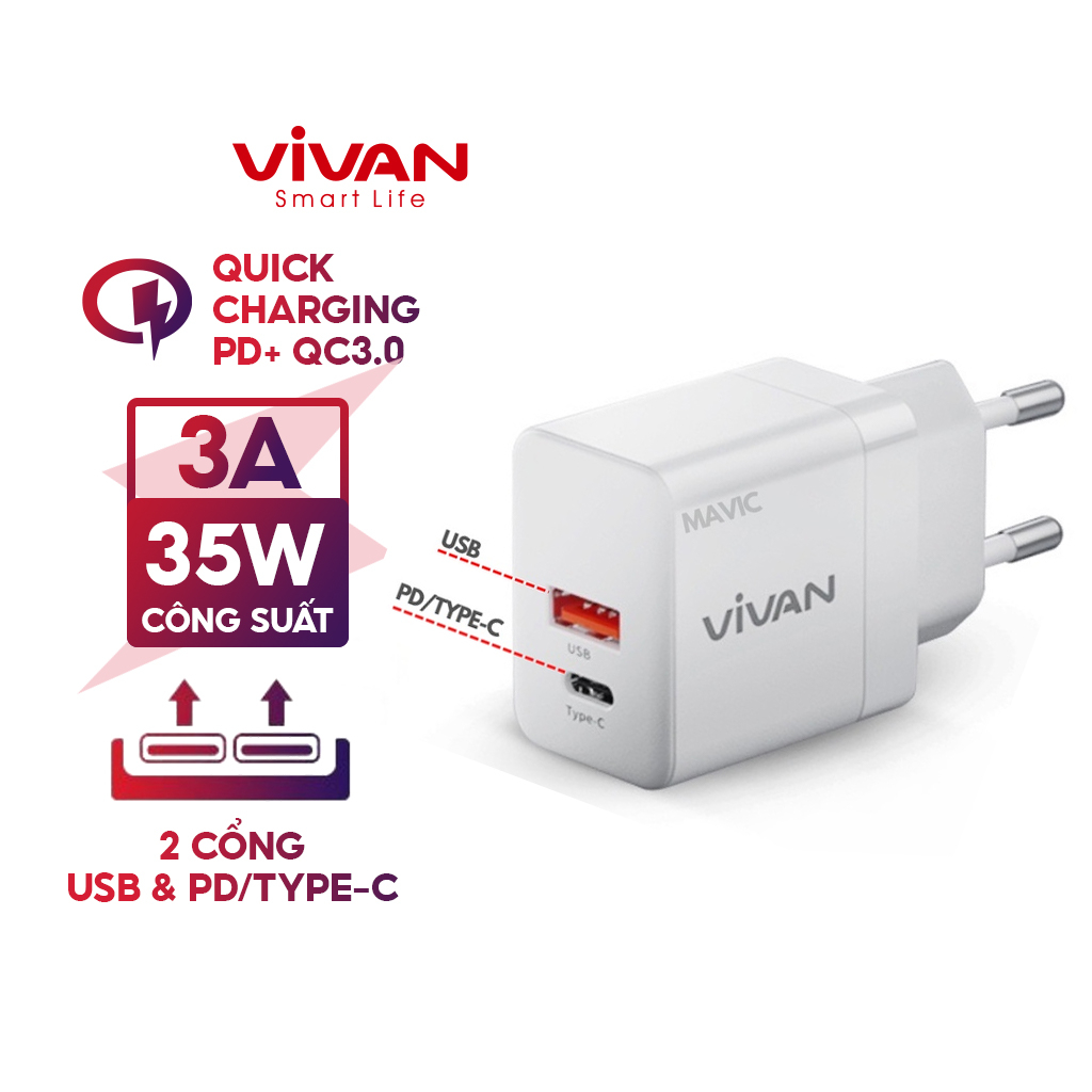 Cốc Sạc VIVAN Power 35 2 Cổng USB/ Type C - QC PD3.0 Sạc Nhanh Công Suất 35W 3A -  Chính Hãng Bảo Hành 12 Tháng