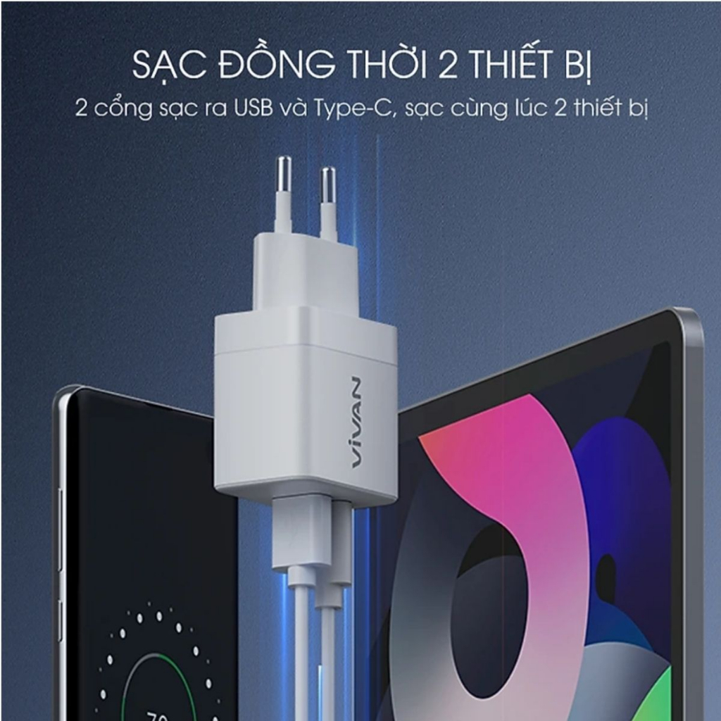 Cốc Sạc VIVAN Power 35 2 Cổng USB/ Type C - QC PD3.0 Sạc Nhanh Công Suất 35W 3A -  Chính Hãng Bảo Hành 12 Tháng