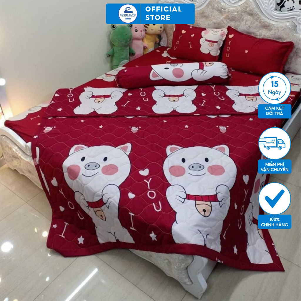 Bộ 5 món chăn hè ga gối CƯỜNG HUYỀN kèm vỏ gối ôm chăn trần bông chất cotton poly bền đẹp
