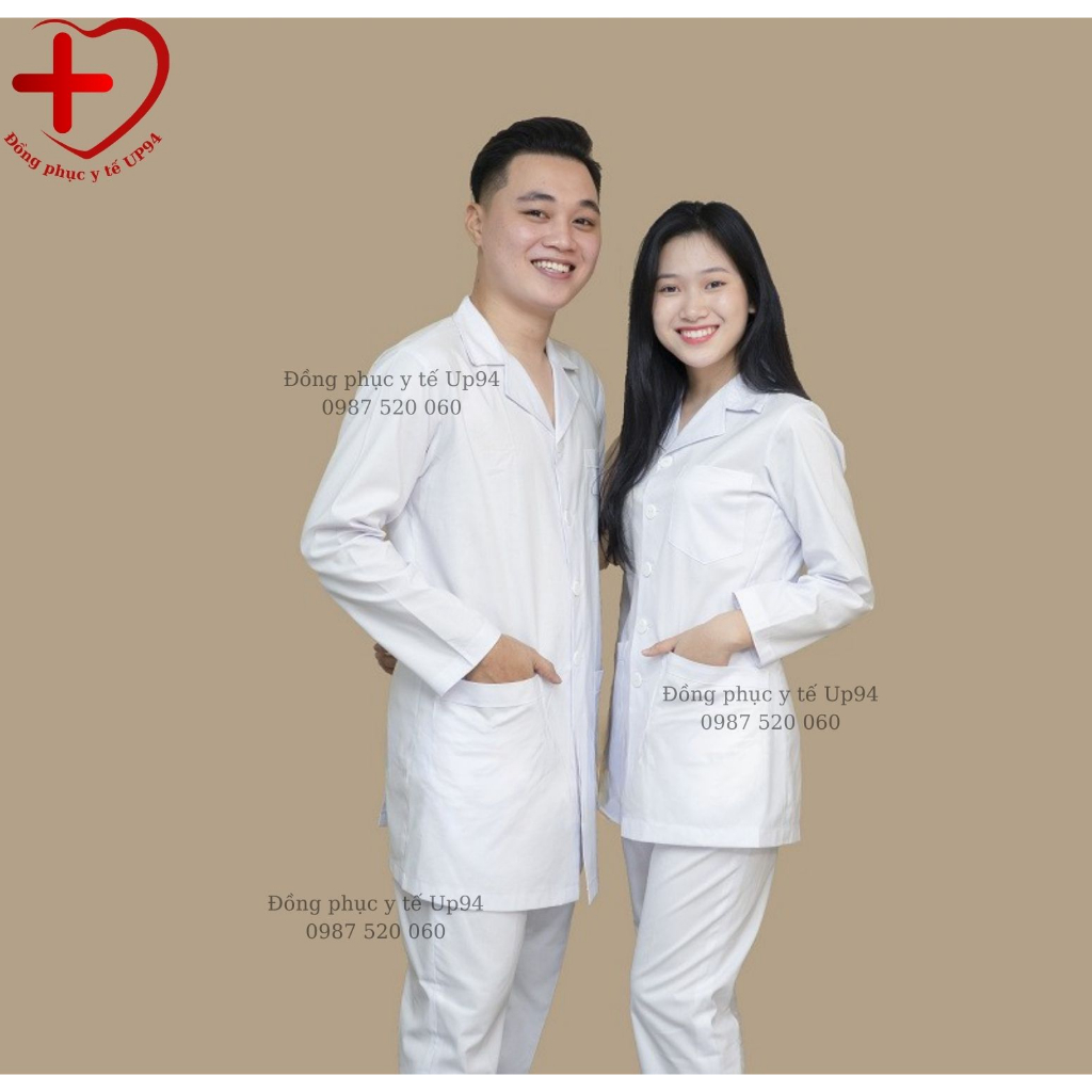 Áo Blouse trắng DÀI TAY dáng ngắn gần ngang đùi cho cả nam và nữ Dành Cho Y Tá, Dược Sĩ, Điều Dưỡng.
