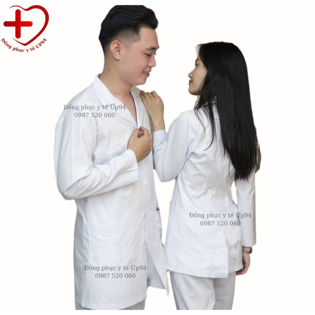 Áo Blouse trắng DÀI TAY dáng ngắn gần ngang đùi cho cả nam và nữ Dành Cho Y Tá, Dược Sĩ, Điều Dưỡng.