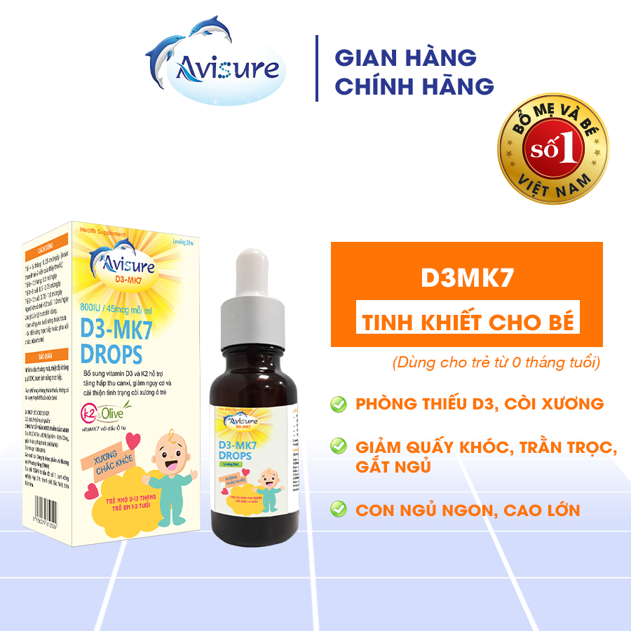 Vitamin D3 K2 tinh khiết Italia Avisure D3MK7 giúp bé cao lớn, ngủ ngon 20ml