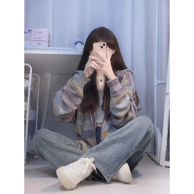 Áo khoác Hoodie họa tiết kẻ sọc thời trang Thu Đông cho nữ hàng QCCC