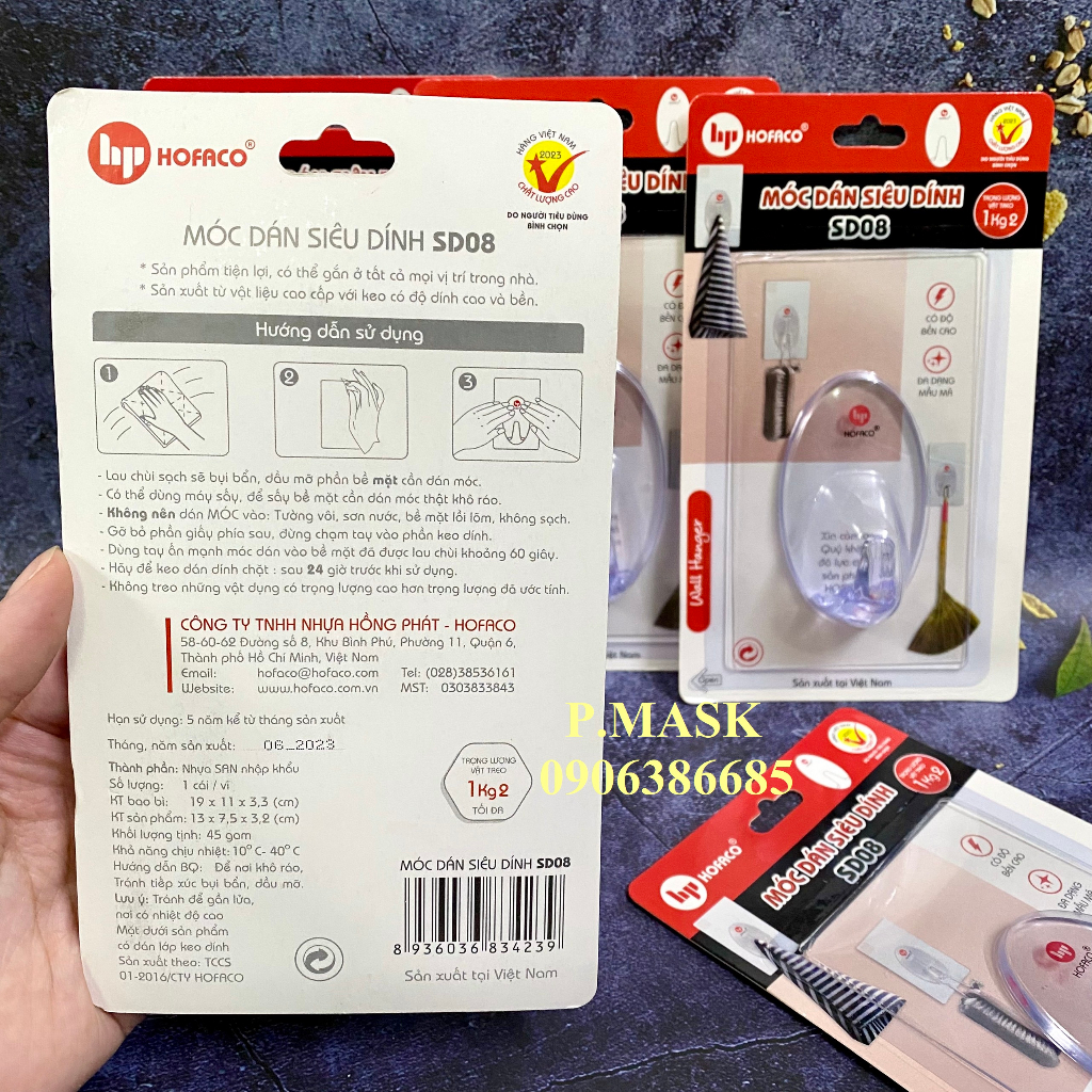 Móc dán tường SD08 Hồng Phát - Móc dán siêu dính đa năng, độ bền cao HOFACO