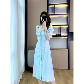 Váy Đầm maxi INFLACHI xanh cổ vuông nhún ngực trễ vai dây cổ yếm xẻ tà hở lưng chun sau  Đi Biển Ulzzang 3073 CT-37