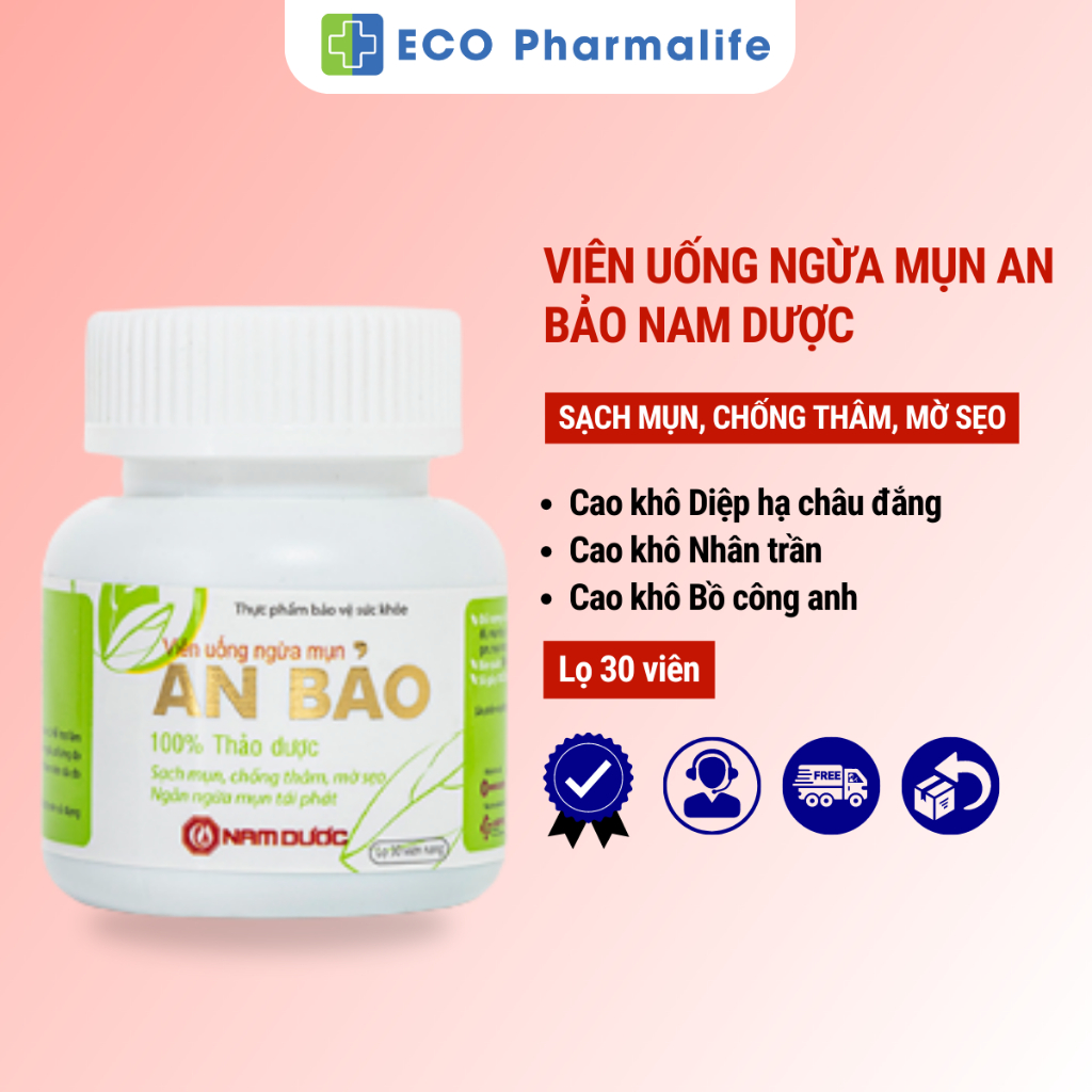 Viên Uống Ngừa Mụn An Bảo - Nam Dược - Lọ 30 Viên, Thanh Nhiệt, Giải Độc, Mát Gan, Hỗ Trợ Mờ Thâm, Sạch Mụn