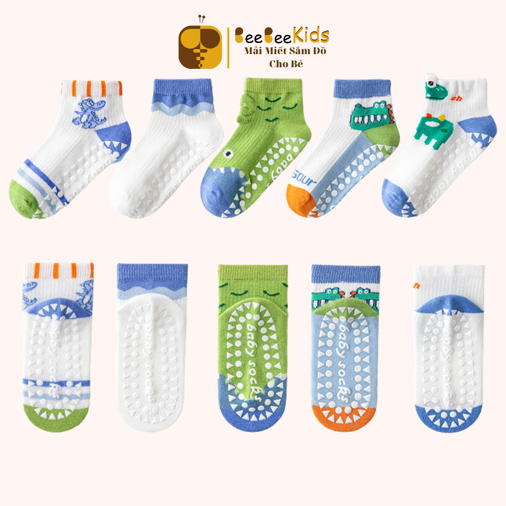 Tất Chống Trượt Cho Bé Trai Bé Gái Hãng Minlliu Tất Lưới Đế Silicon Siêu Nhân Khủng Long 0-8 Tuổi - Set 5 Đôi BEEBEEKIDS