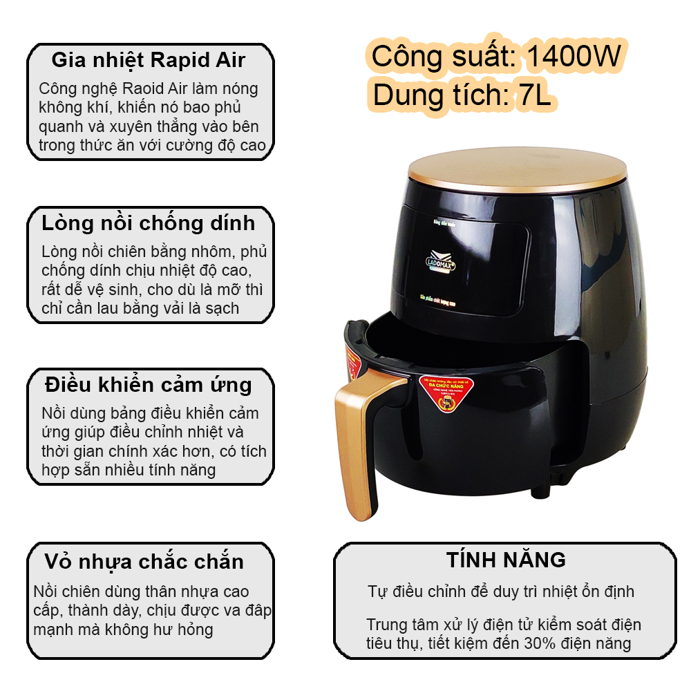 [Chính hãng] Nồi chiên không dầu 7Lit Ladomax HA-556 lòng nồi chống dính 4.5L, điều khiển cảm ứng với 12 chức năng chiên