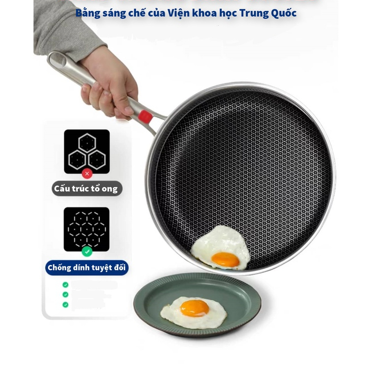 Chảo Tổ Ong Chống Dính Size 28cm Dùng Đươc Bếp Từ, Chảo Thép Không Gỉ Đáy Bằng Chiên Trứng, Rán Cá chuyên Dụng