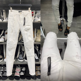 Quần jean bò nam Amiri skinny trắng rách đùi gối vá da nhăn trắng dập nhăn 3D ống cao cấp QJ280P