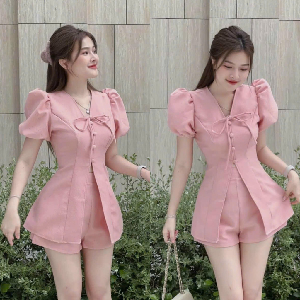 Set bộ đồ nữ xốp sino áo tay phồng họa tiết bọc nút xẻ vạt áo mix quần đùi cùng tone màu xinh xắn, dịu dàng đi dự tiệc