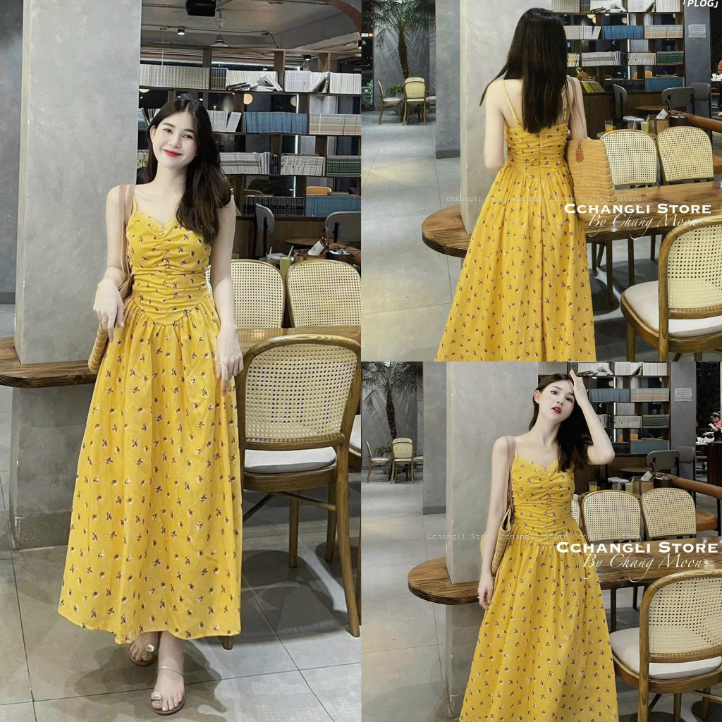 Đầm váy nữ voan hoa 2 dây nhún ngực chạy mocking xinh xắn với tone màu vàng tôn da, trẻ trung phù hợp dự tiệc, đi biển