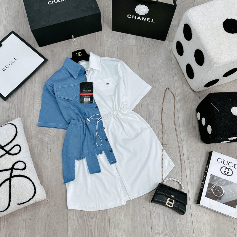 VÁY SƠ MI PHỐI BÒ RÁCH RÚT EO