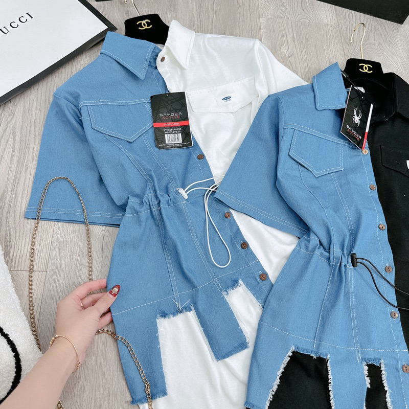 VÁY SƠ MI PHỐI BÒ RÁCH RÚT EO