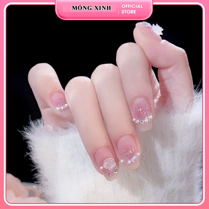 Set 24 móng tay giả đính đá cao cấp (Tặng kèm keo + dũa + miếng dán)