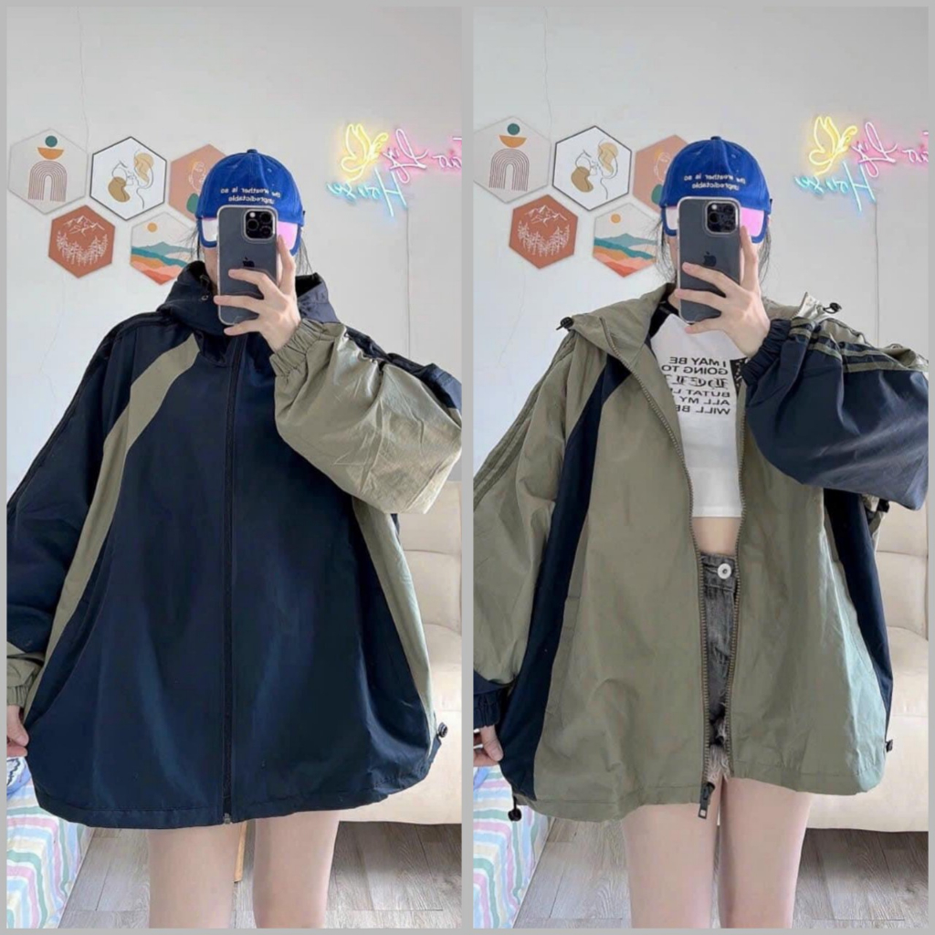Áo khoác dù 2 lớp form rộng tay dài kèm mũ mix màu siêu xinh sang chảnh basic dễ thương