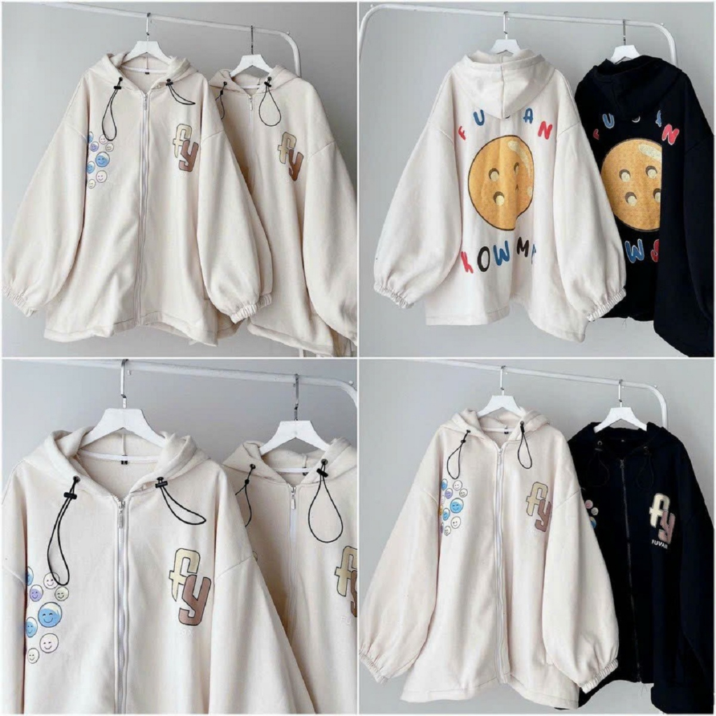 Áo Khoác Nỉ FUSAN Có Mũ Nón 2 Lớp Cặp  Mặt Cười Nam Nữ Siêu Xinh - Áo Hoodie Có Khóa Kéo Zip Thu Đông