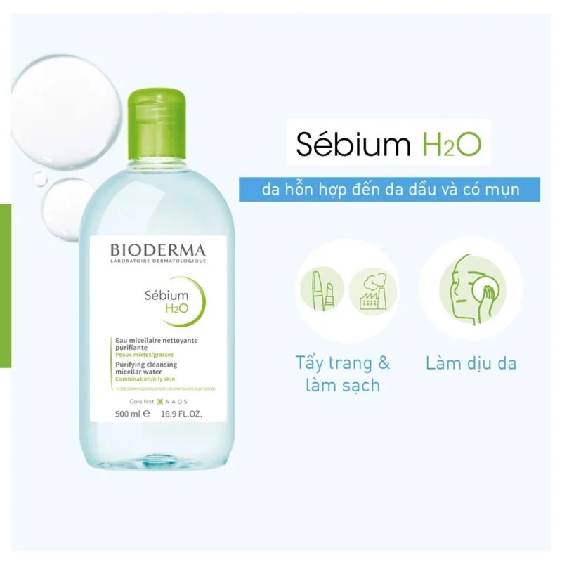 Nước Tẩy Trang Bioderma Sensibio H2O 500ml Màu Xanh Chính Hãng Cho Da Hỗn Hợp Thiên Dầu, Da Dầu Và Da Mụn